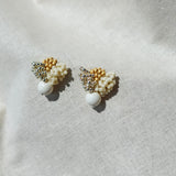 Camellia Cream Drop Earrings in Mustard Yellow Right