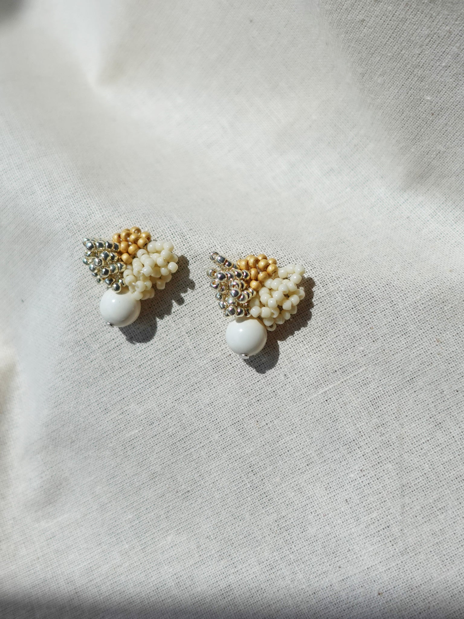 Camellia Cream Drop Earrings in Mustard Yellow Right