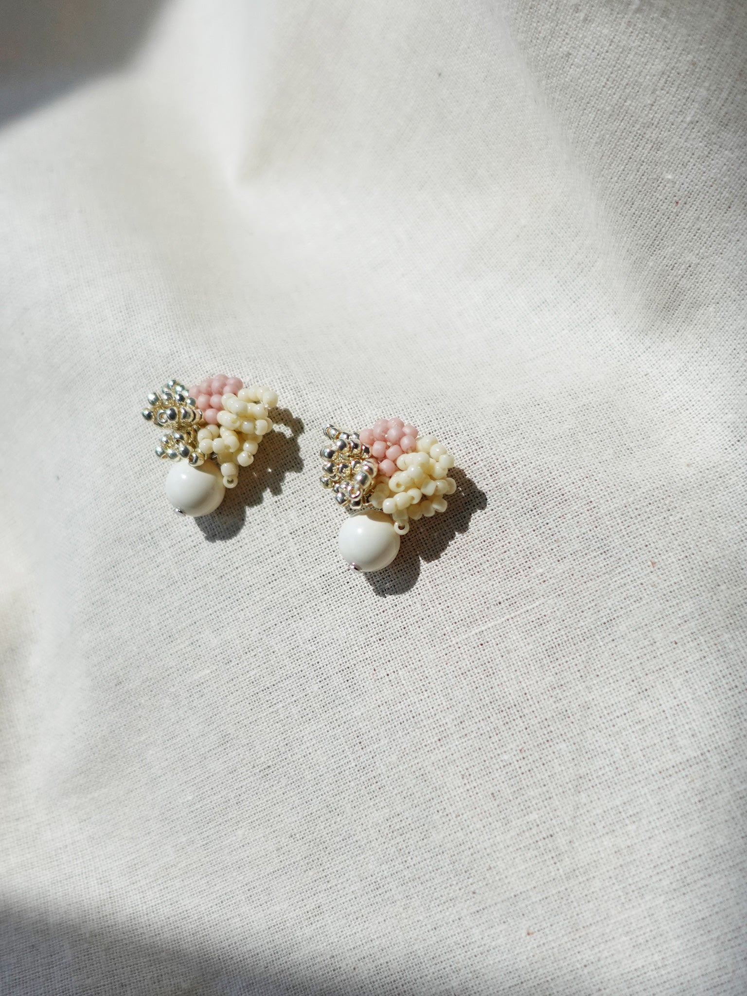 Camellia Cream Drop Earrings in Pale Pink Right