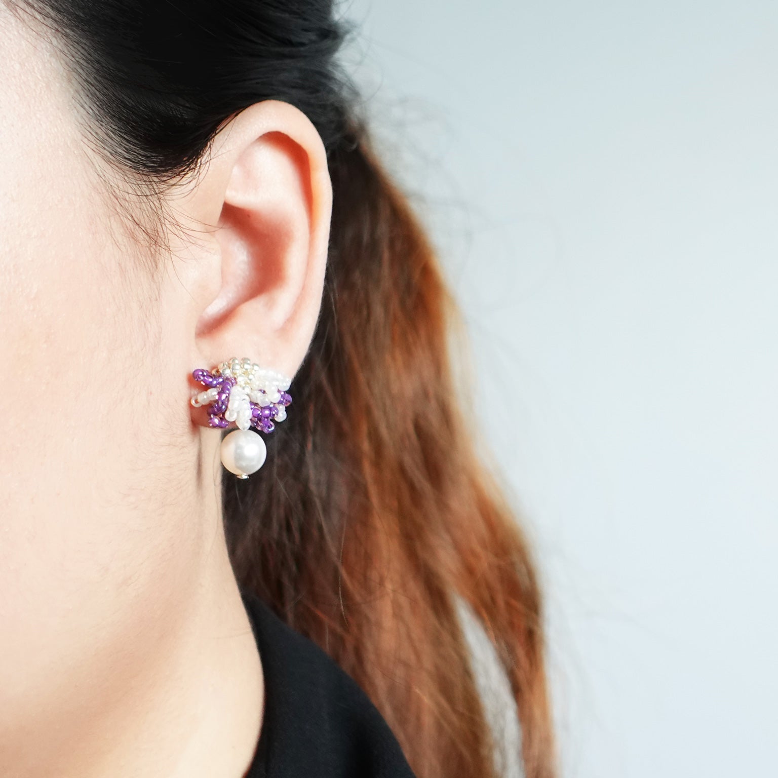 Camellia Mariota Bicolor Earrings in Royal Purple Model
