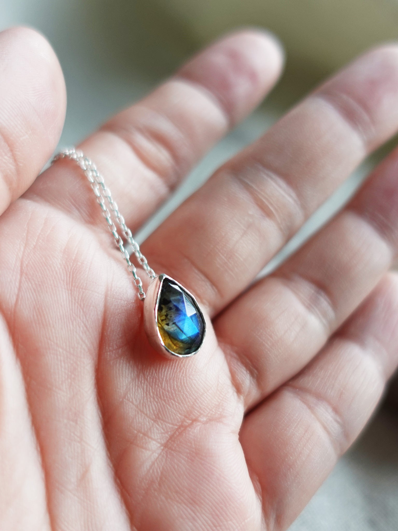 Labradorite Teardrop Necklace Held