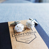 Star Dust Delica Cufflink in White Above Box
