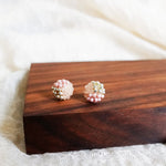 Trio Velvet Stud Earrings in Blush Pink Display Right