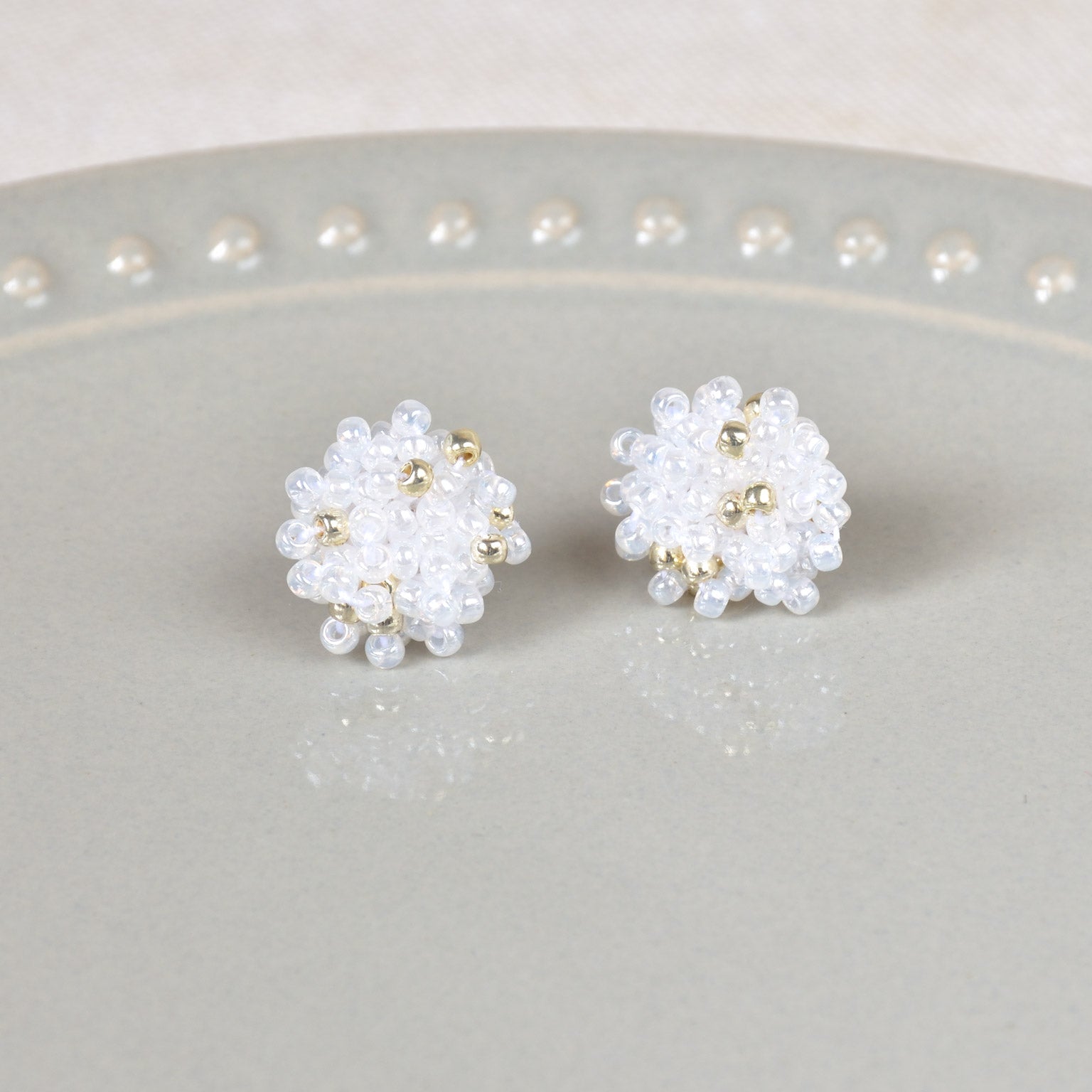 Ariel Beads Stud Earrings in White Plate