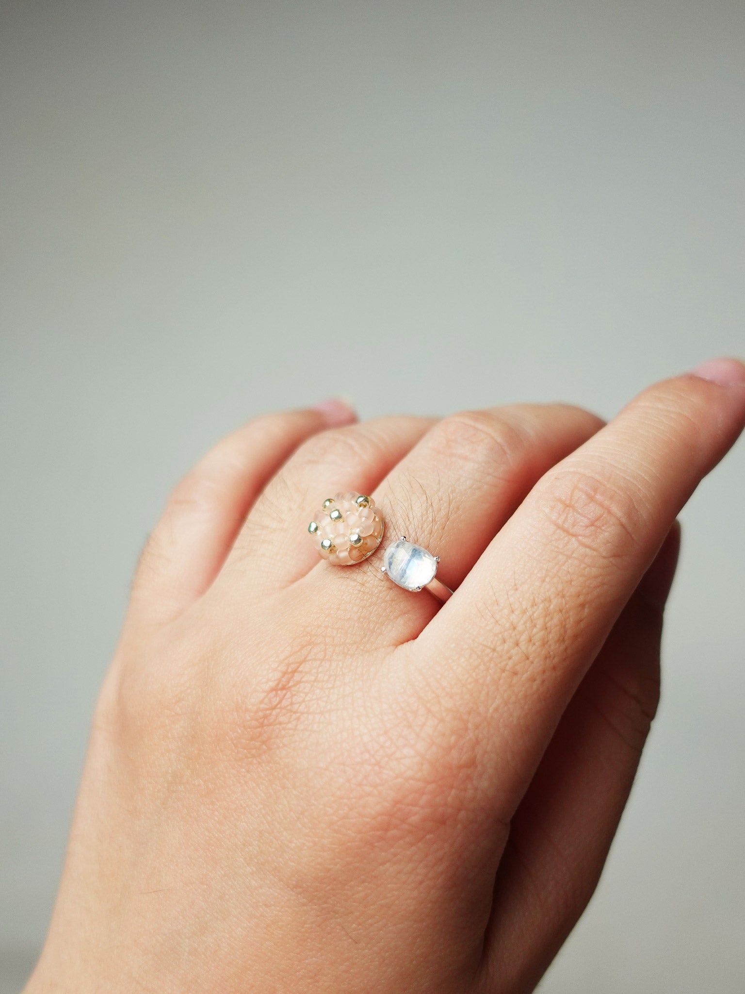 Blush Pink Petite Moonstone Open Ring I Model 2
