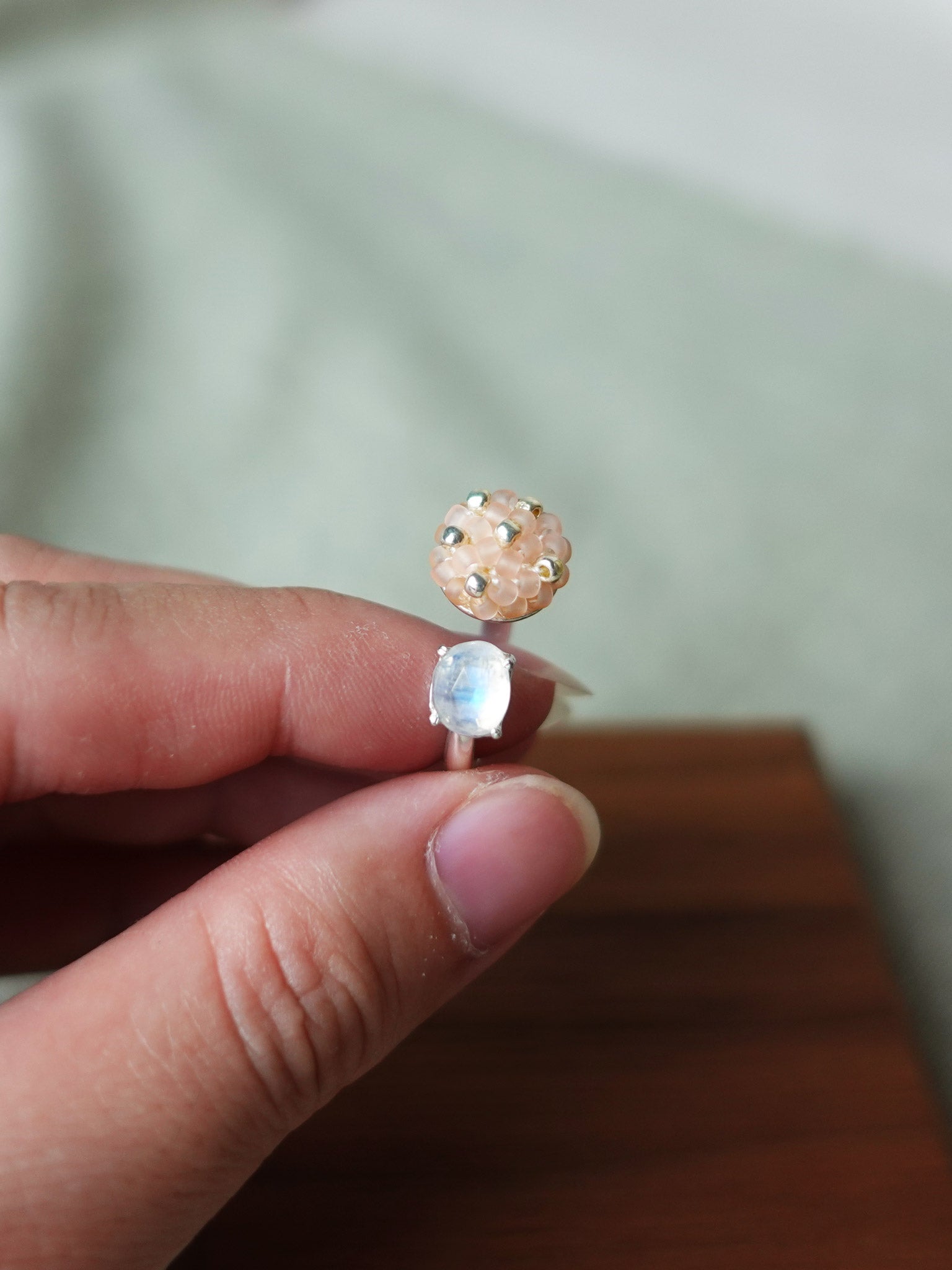 Blush Pink Petite Moonstone Open Ring II Held