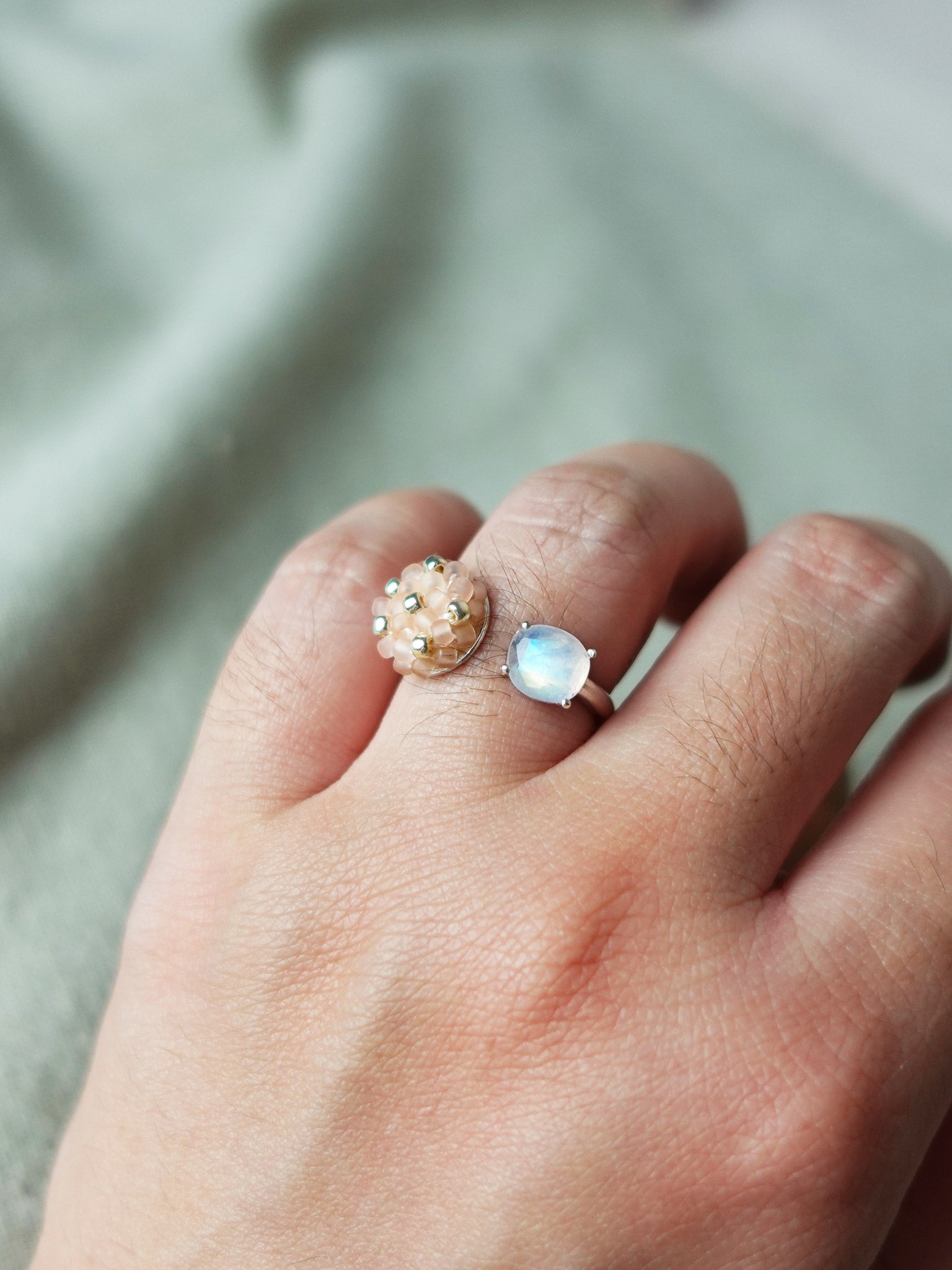 Blush Pink Petite Moonstone Open Ring II Model