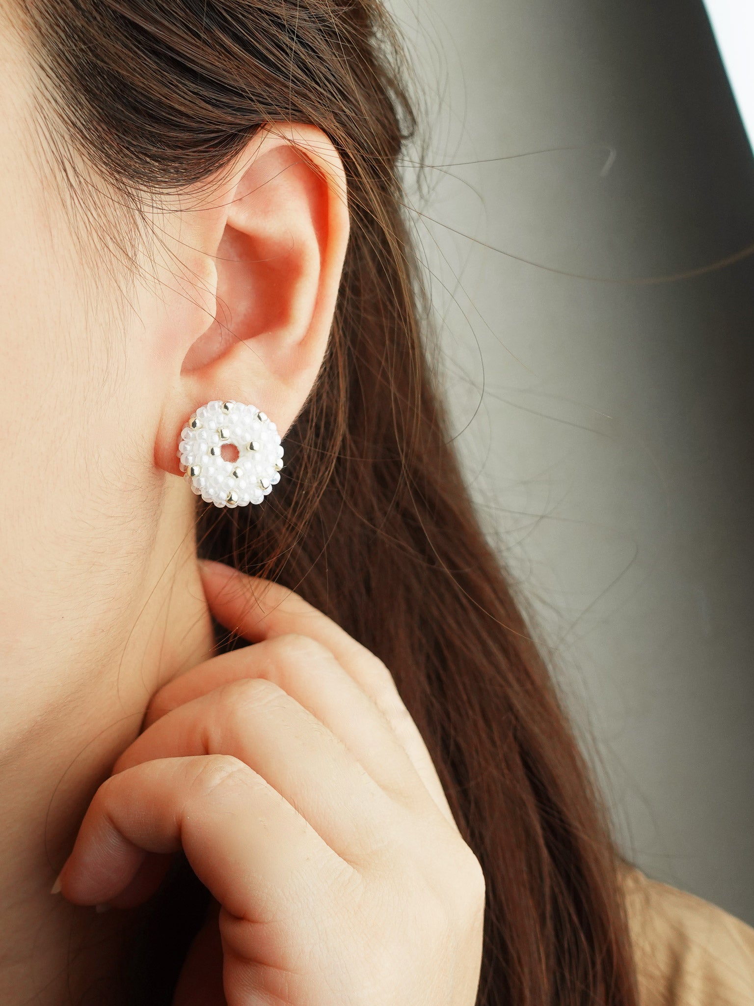 Donut Star Dust Stud Earrings in White Model
