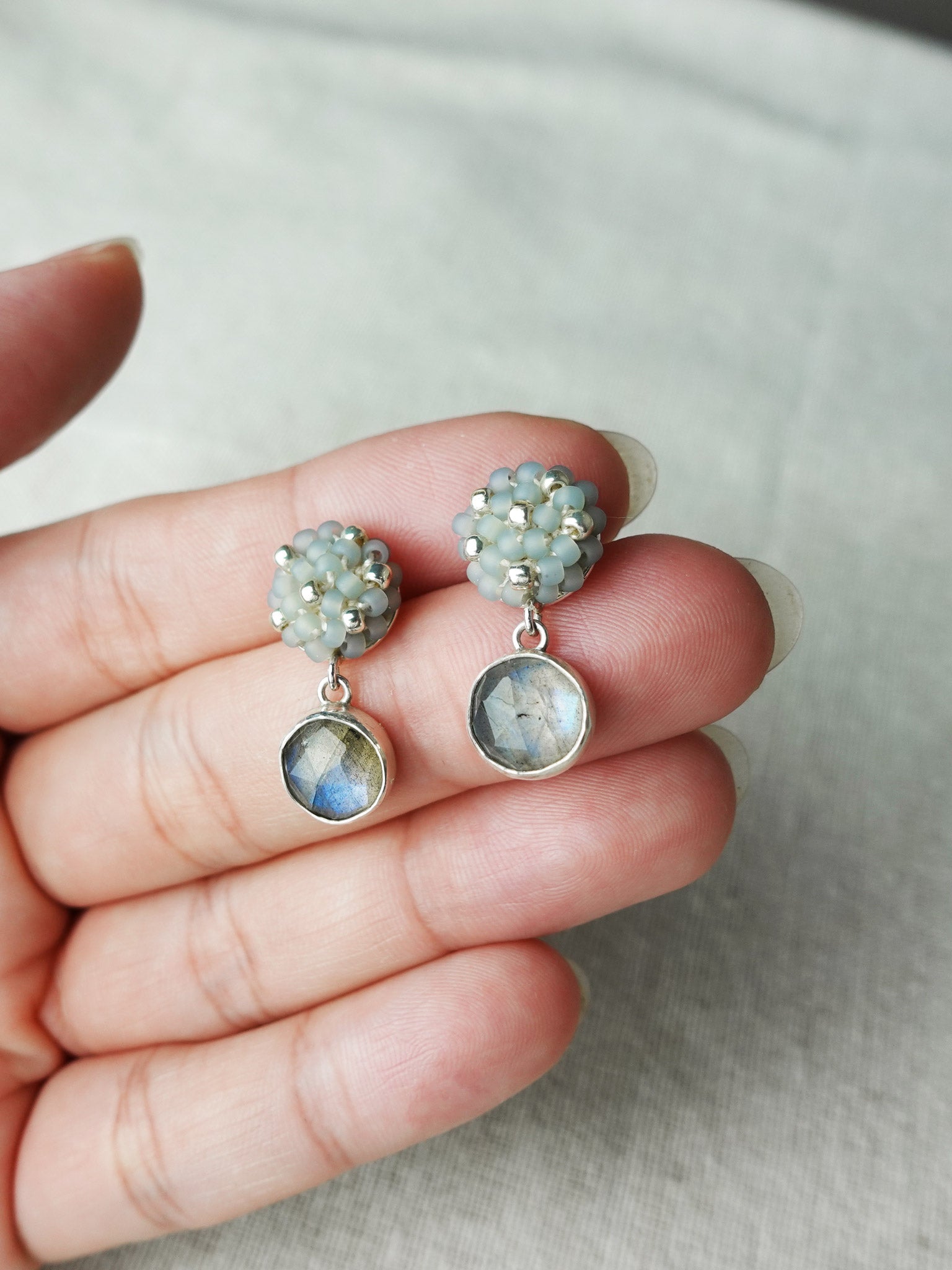 Labradorite Smoke Grey Petite Drop Earrings I Model