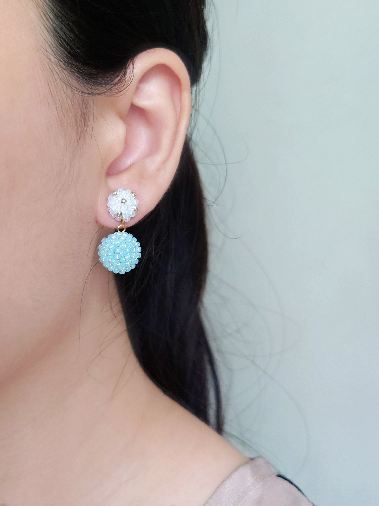 Leda Earrings in Blue Mismatched Model Right