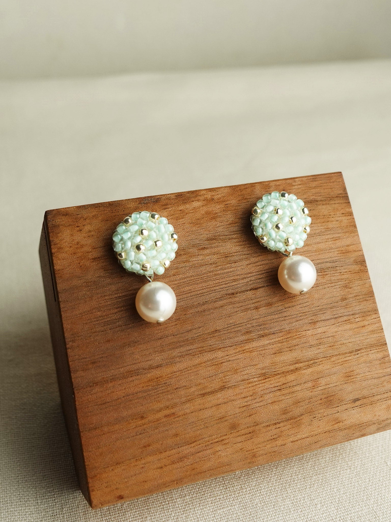 Mariota Drop Earrings in Mint Green Display 2