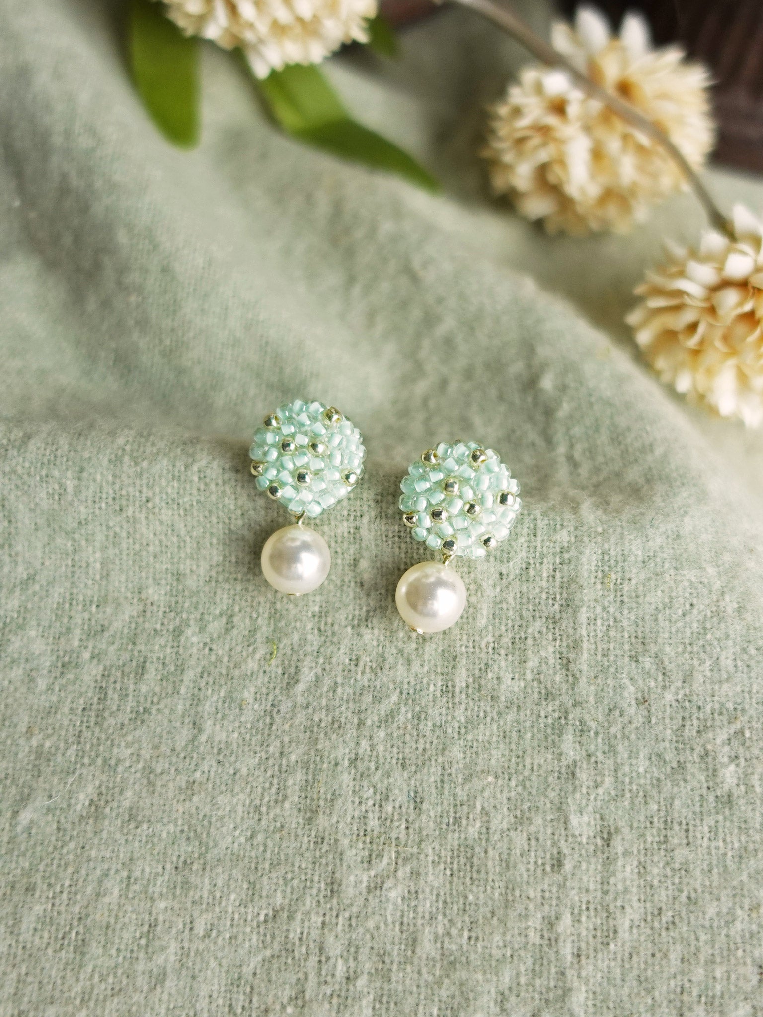 Mariota Drop Earrings in Mint Green Front