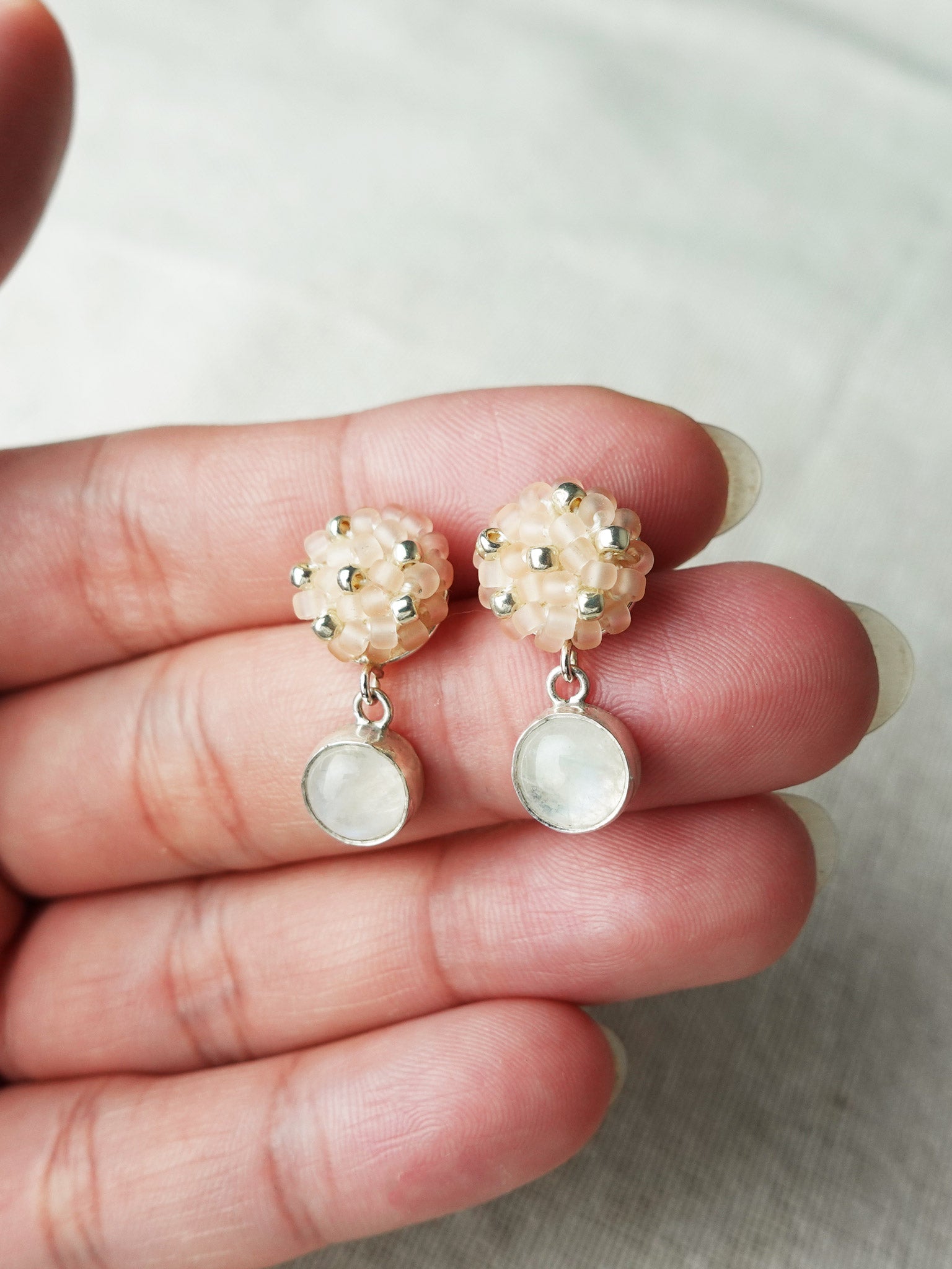 Moonstone Blush Pink Petite Drop Earrings I Model