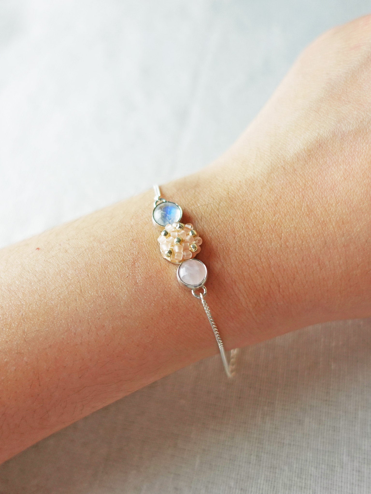 Trinity Moonstone Rose Quartz Blush Pink Bracelet I Arm 1