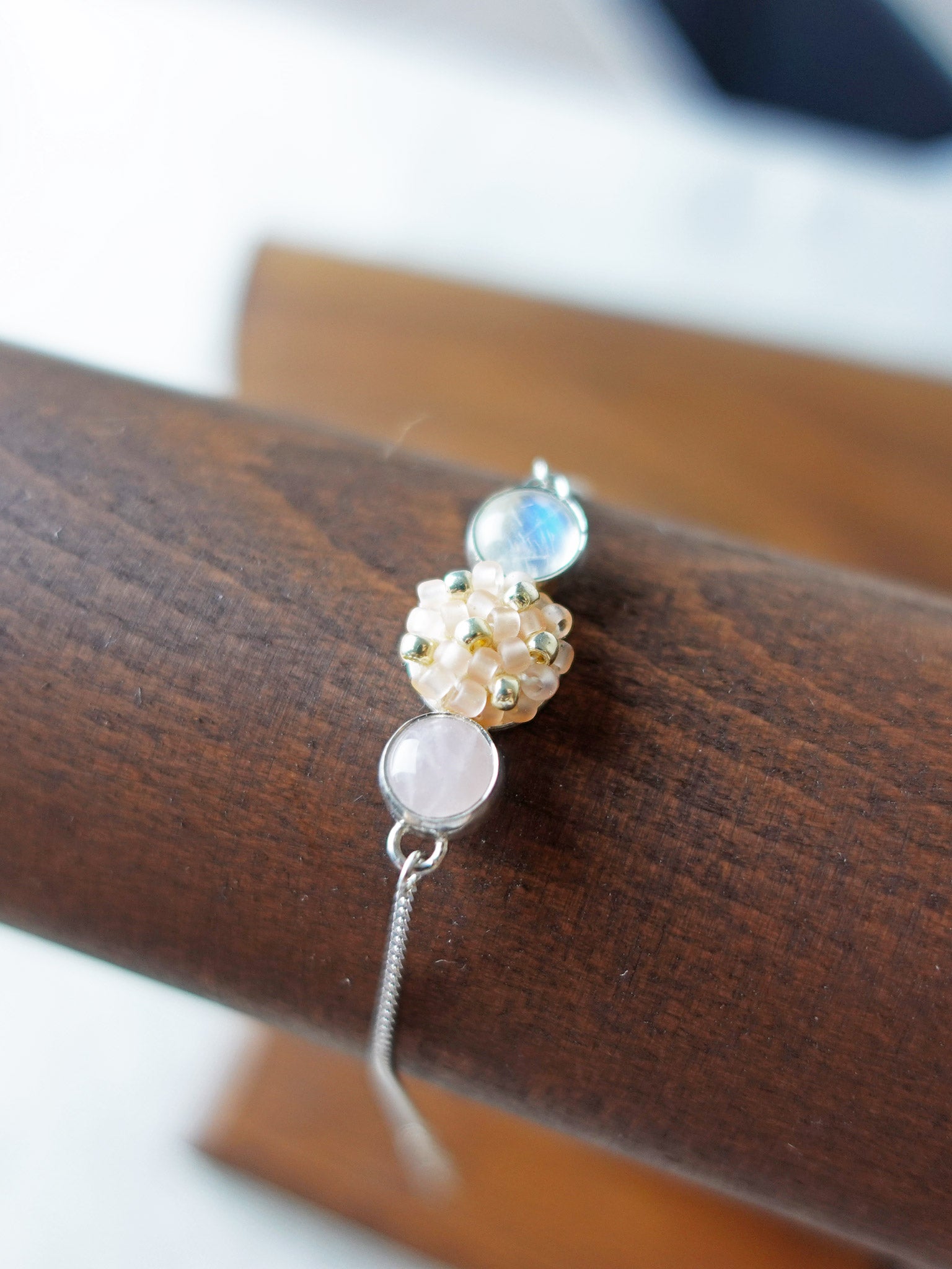 Trinity Moonstone Rose Quartz Blush Pink Bracelet I Display 1