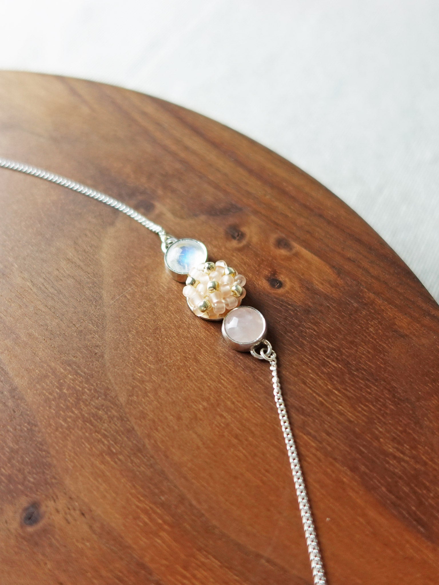 Trinity Moonstone Rose Quartz Blush Pink Bracelet I Display 2