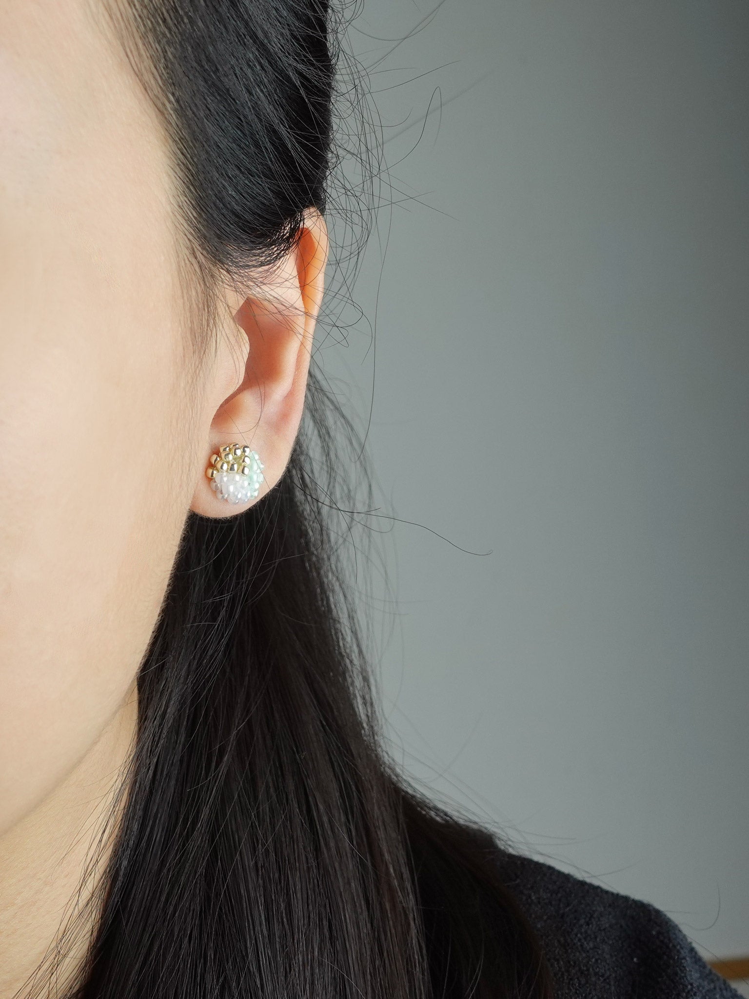 Trio Stud Earrings in Mint Green Model