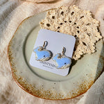 Blue whale drop earrings on card