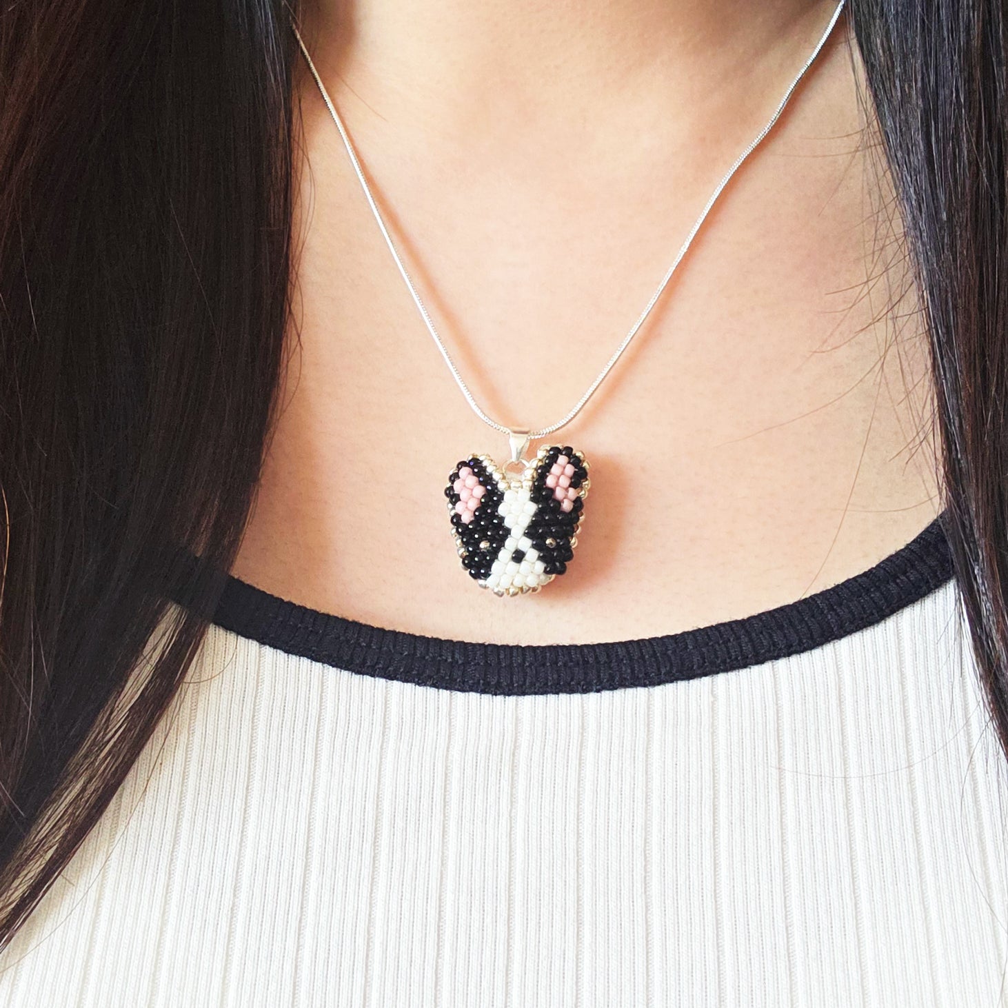Boston Terrier Necklace Model Close