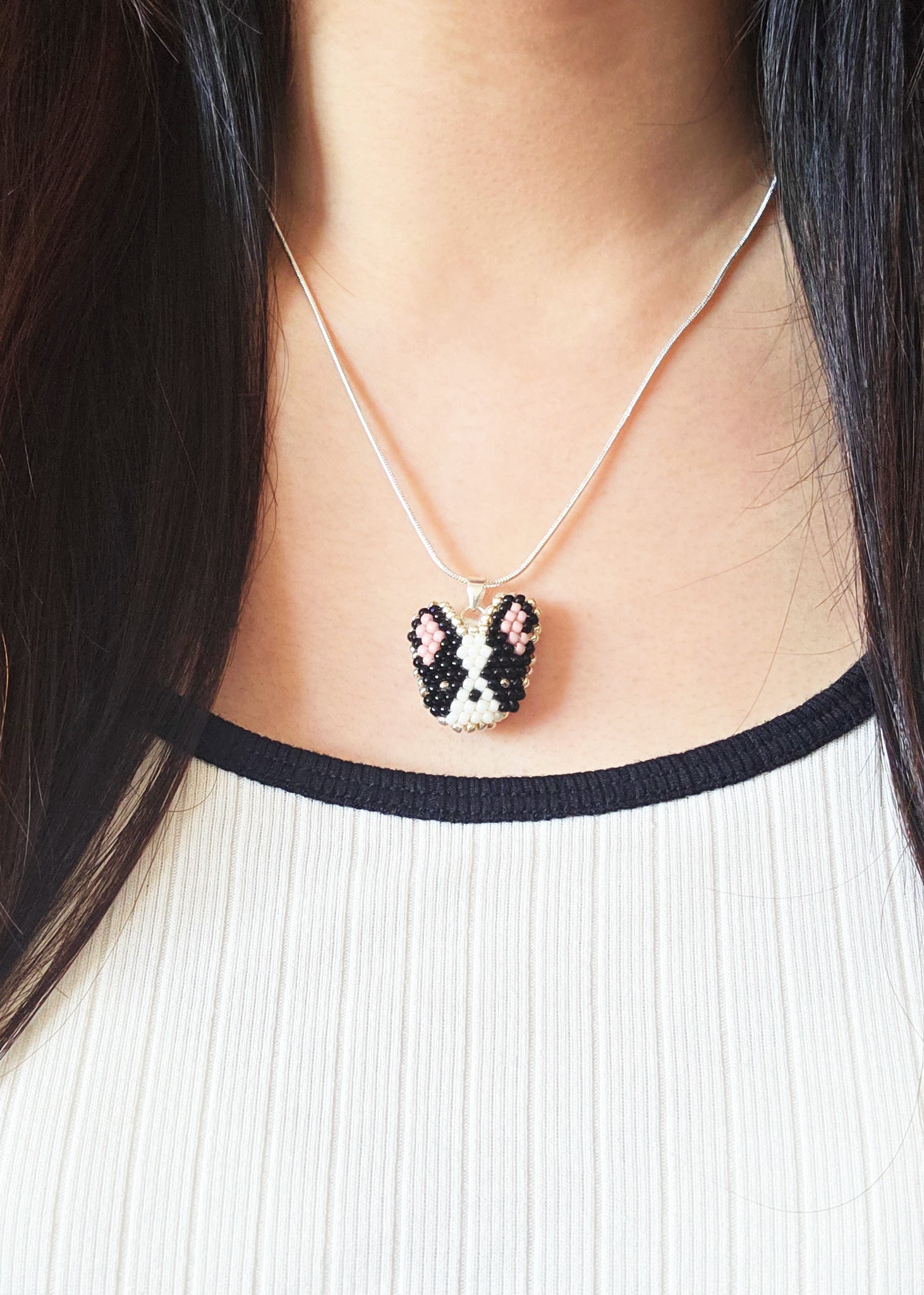 Boston Terrier Necklace Model Close