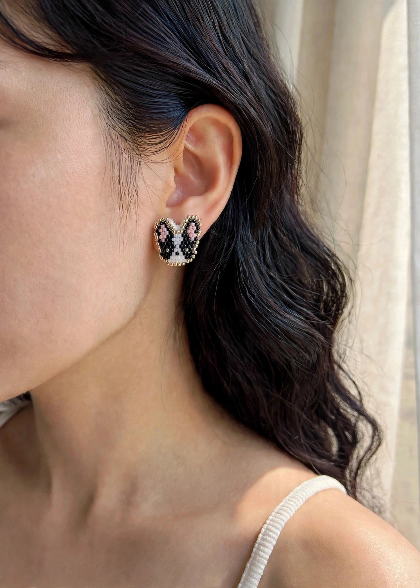 Boston terrier stud earrings on model