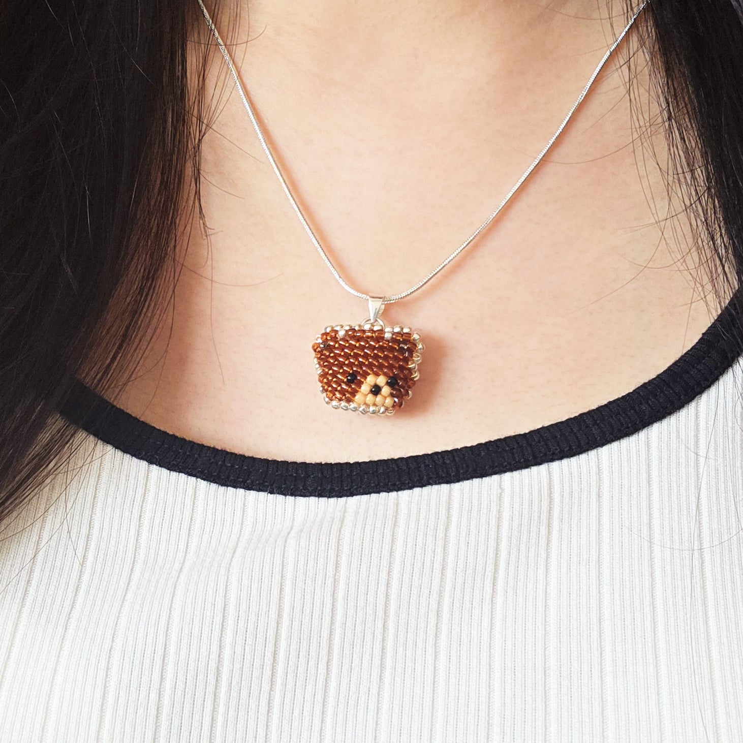 Brown Bear Pendant Necklace Model Close
