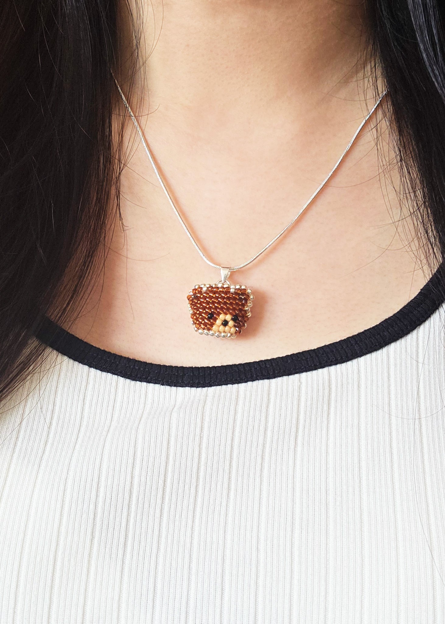 Brown Bear Pendant Necklace Model Close
