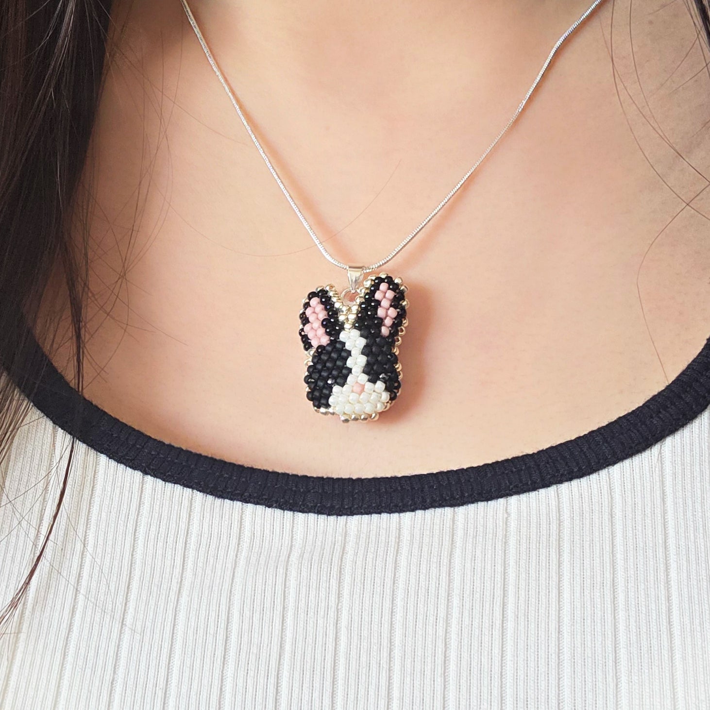 Bunny Necklace in Black Model Close