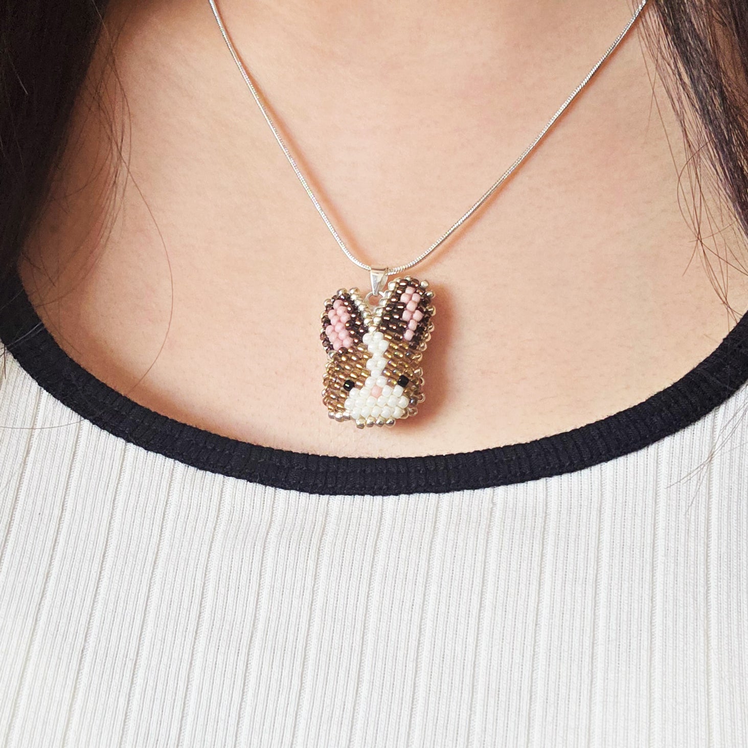 Bunny Necklace in Brown Model Close