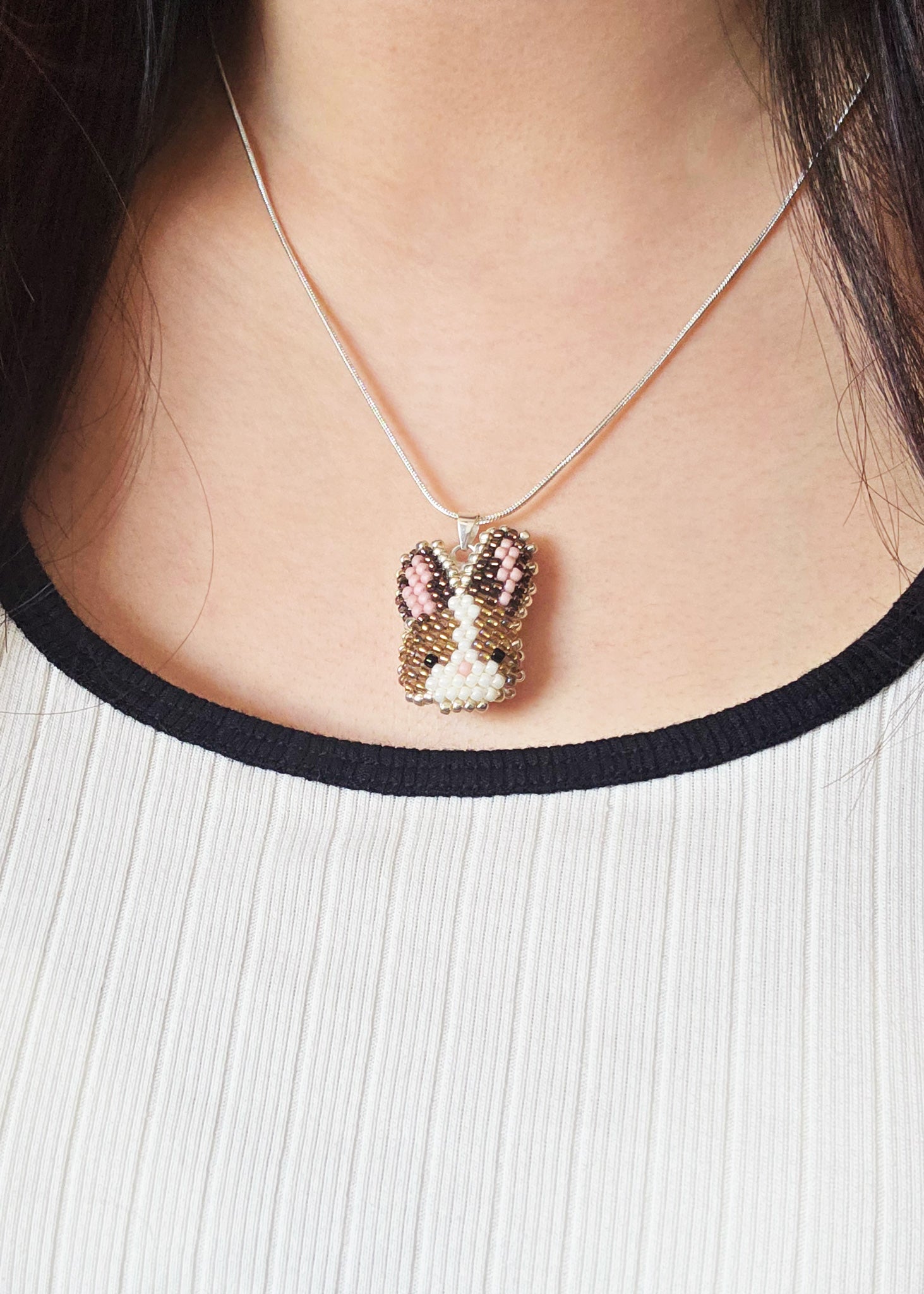 Bunny Necklace in Brown Model Close