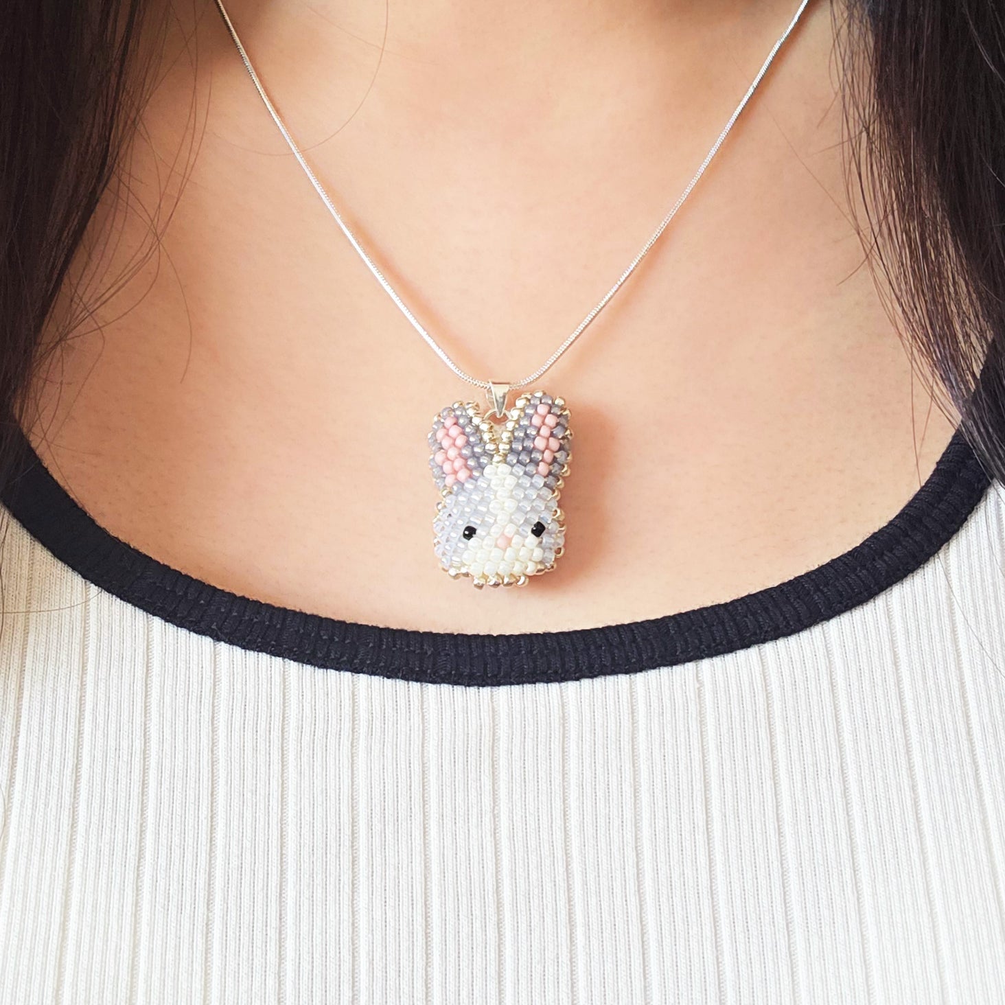 Bunny Necklace in Grey Model Close