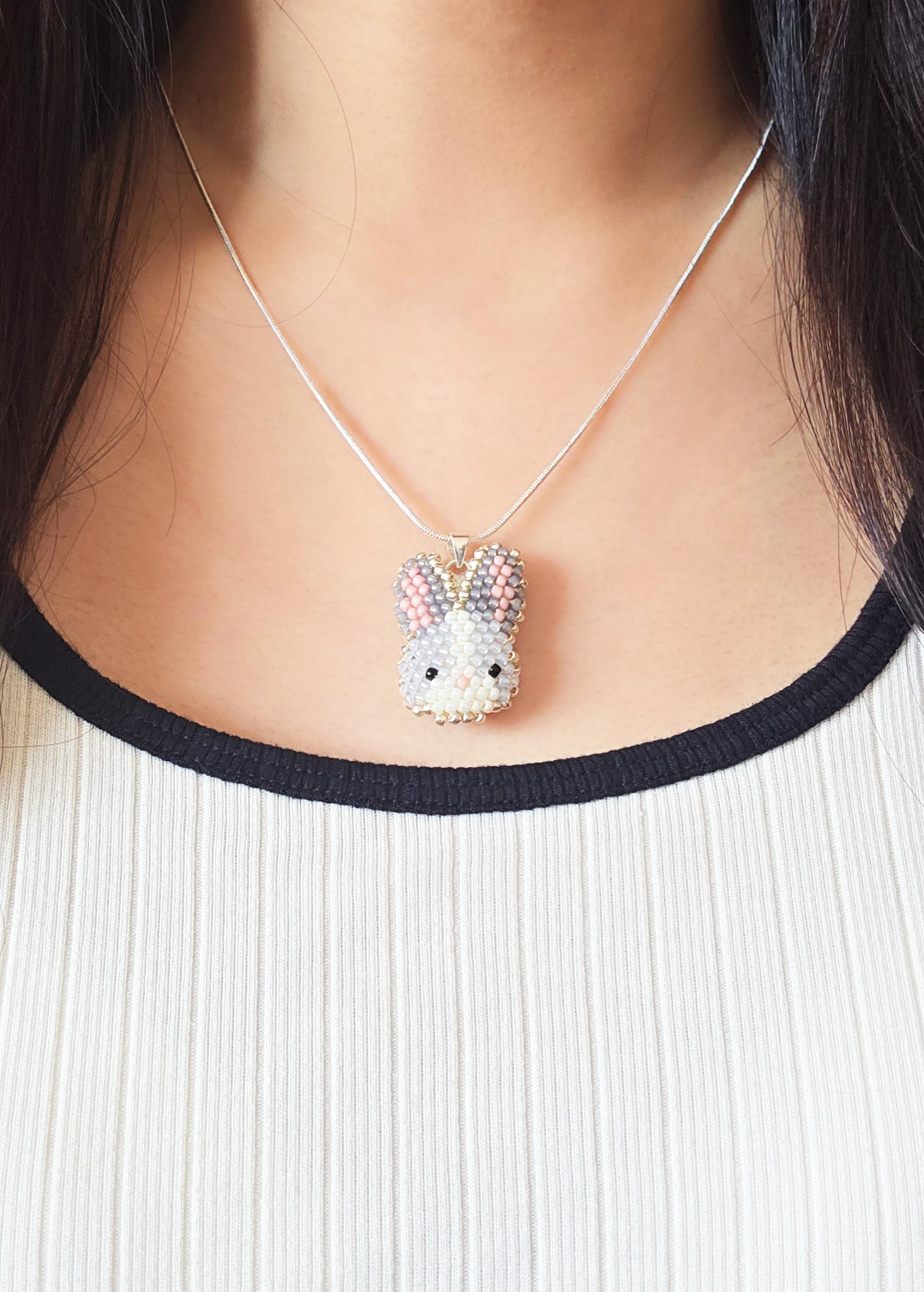 Bunny Necklace in Grey Model Close