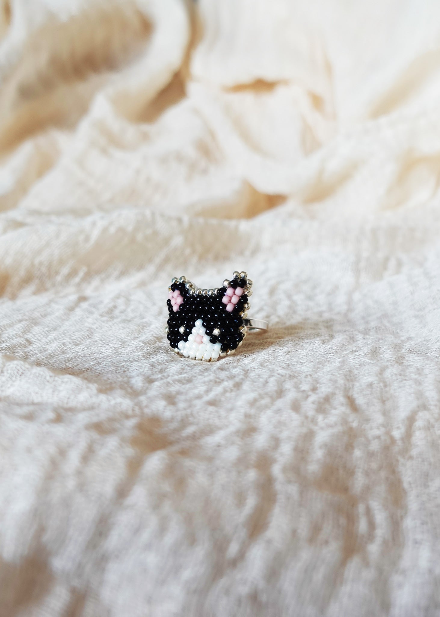 Calico Cat Ring in Black and White Right