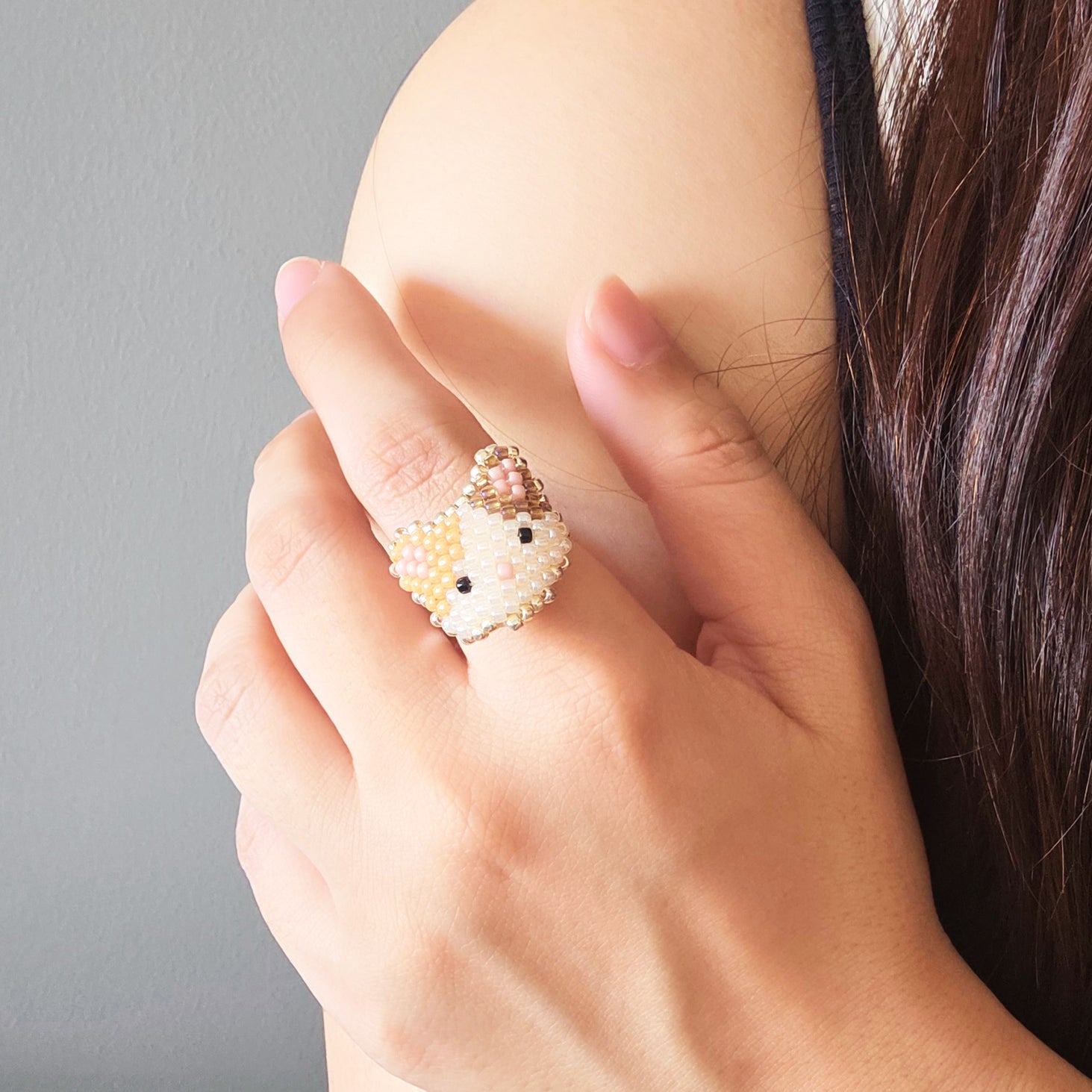 Calico Cat Ring in Orange and Brown Model Close