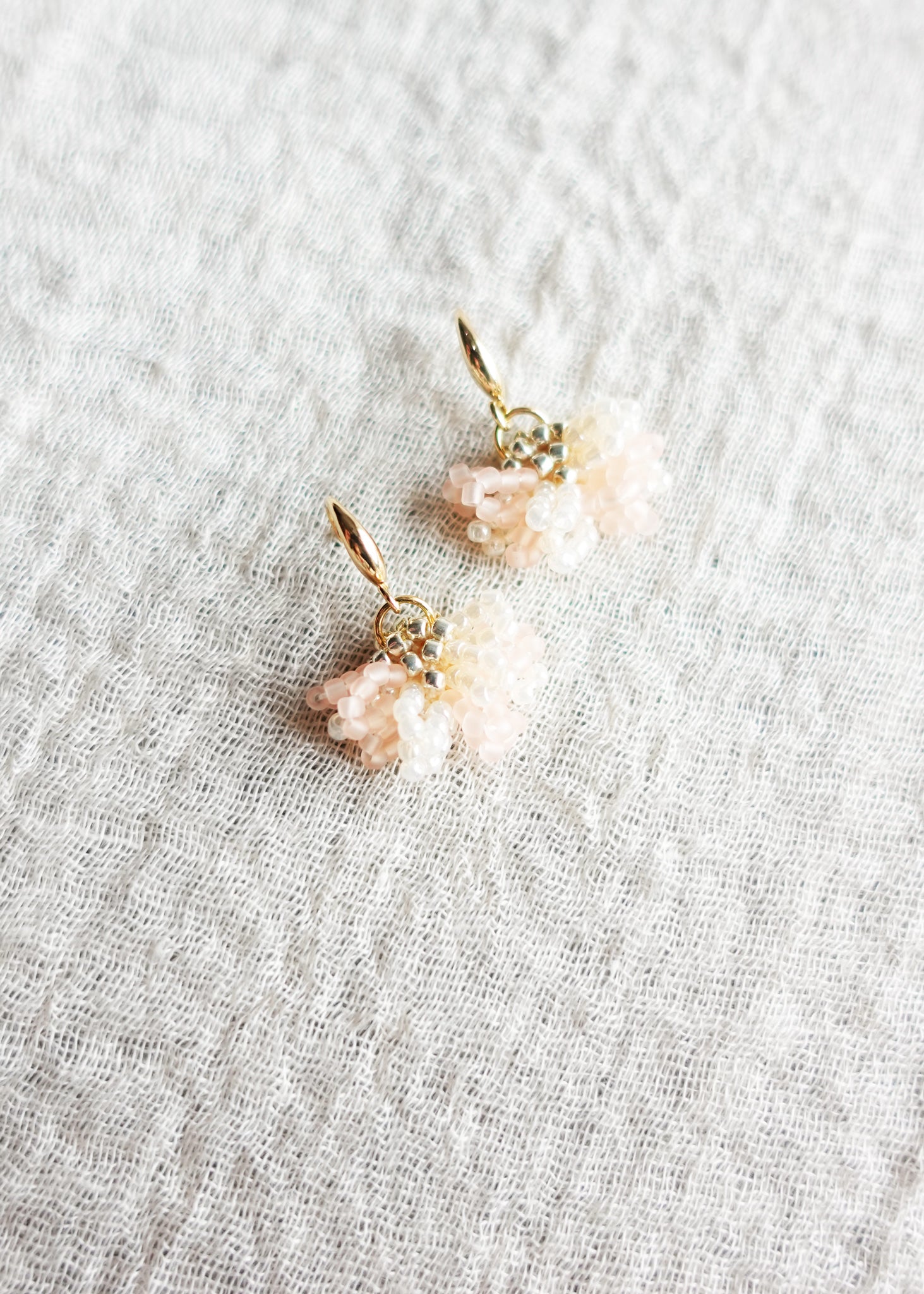 Camellia Bicolor Drop Earrings in Blush Pink Left