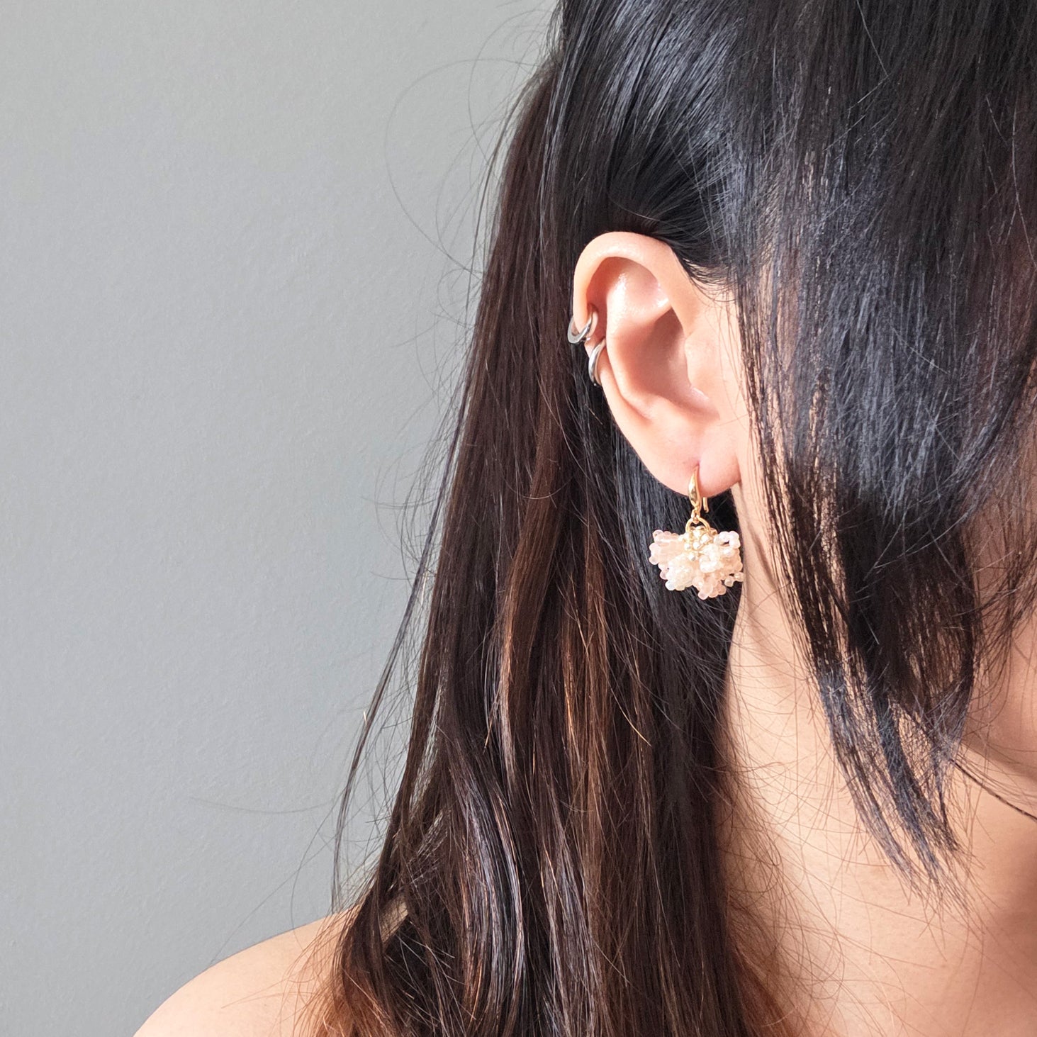 Camellia Bicolor Drop Earrings in Blush Pink Model