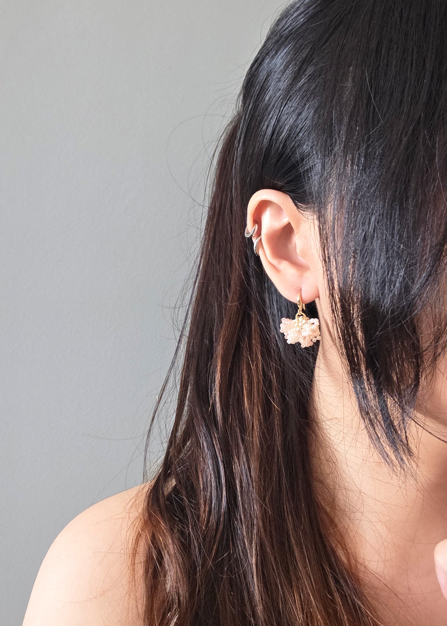 Camellia Bicolor Drop Earrings in Blush Pink Model