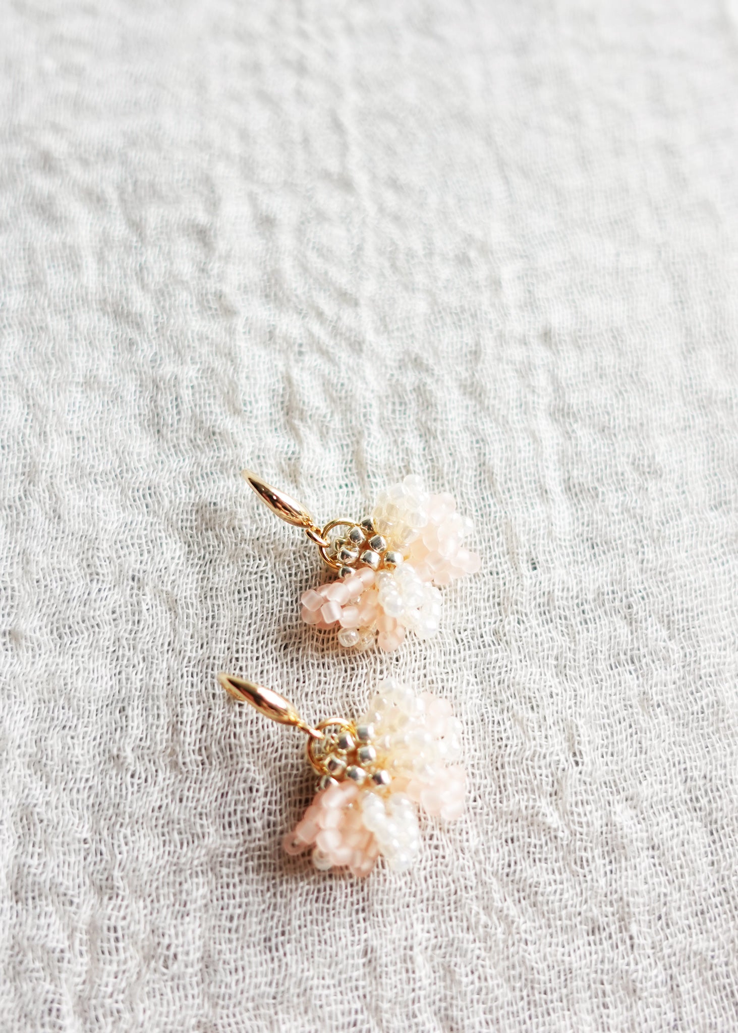 Camellia Bicolor Drop Earrings in Blush Pink Right Left