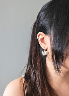 Camellia Bicolor Drop Earrings in Smoke Grey Model