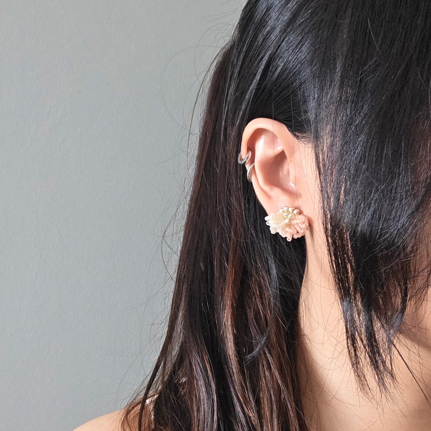 Camellia Clo Dip Stud Earrings in Blush Pink Model