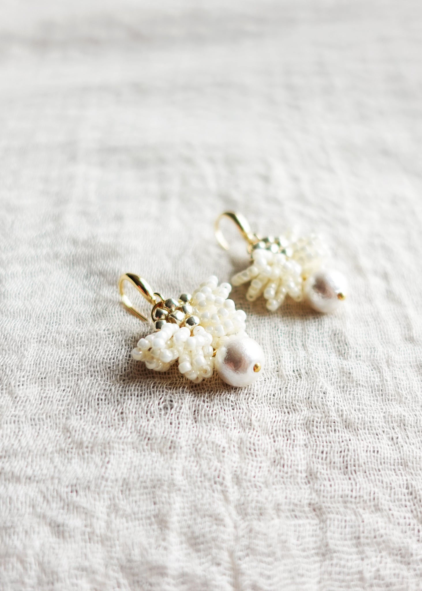 Camellia Clo Snowball Dangle Earrings Left Side Close