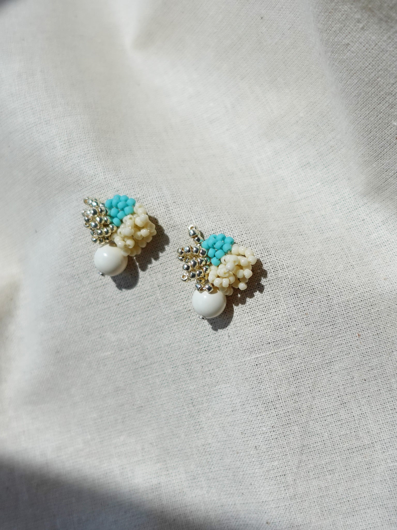Camellia Cream Drop Earrings in Turquoise Right