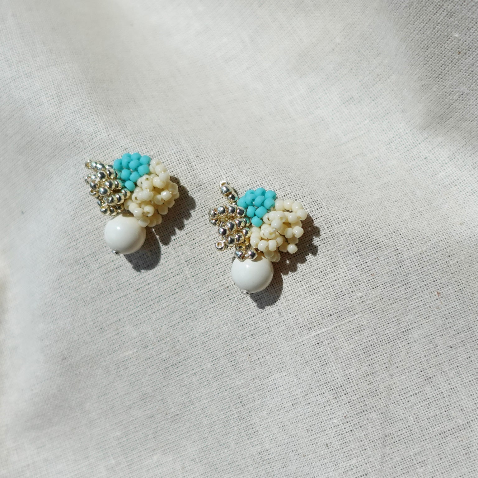Camellia Cream Drop Earrings in Turquoise Side
