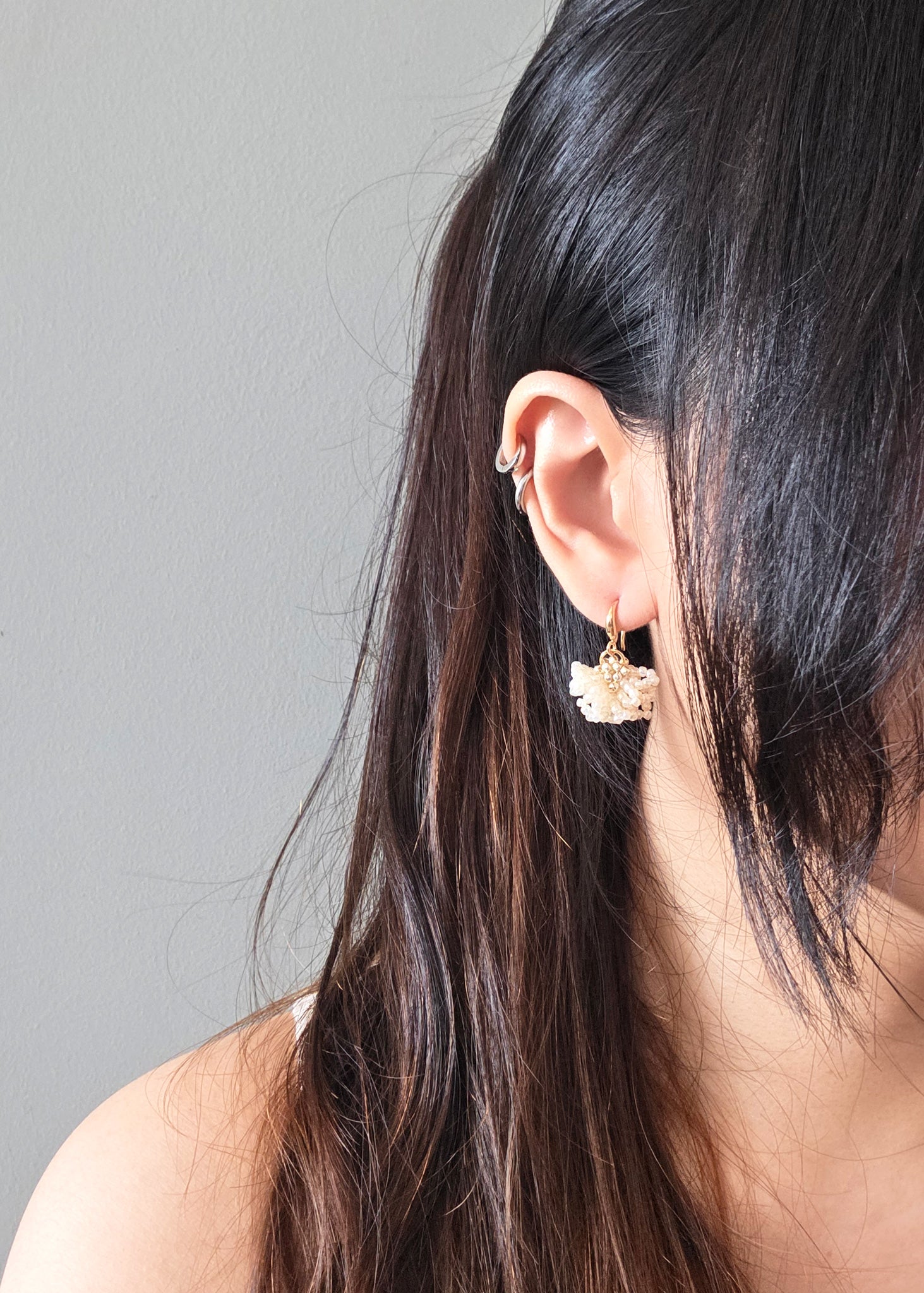 Camellia Drop Earrings in Ivory Model