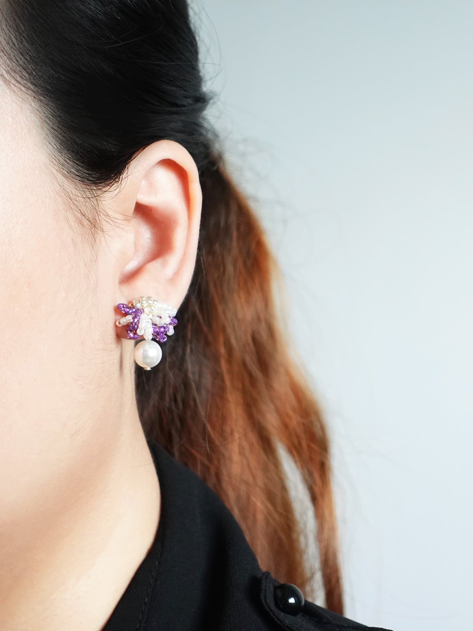 Camellia Mariota Bicolor Earrings in Royal Purple Model