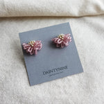 Camellia Stud Earrings in Mauve Purple Card