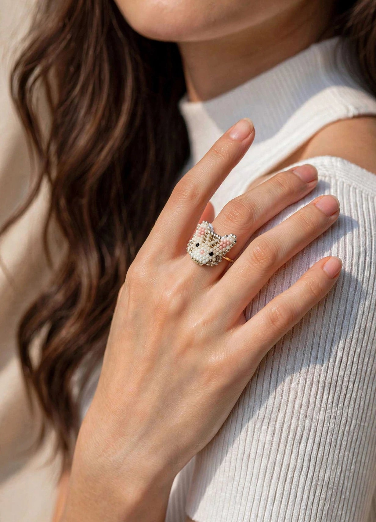 Cream tabby cat ring on model