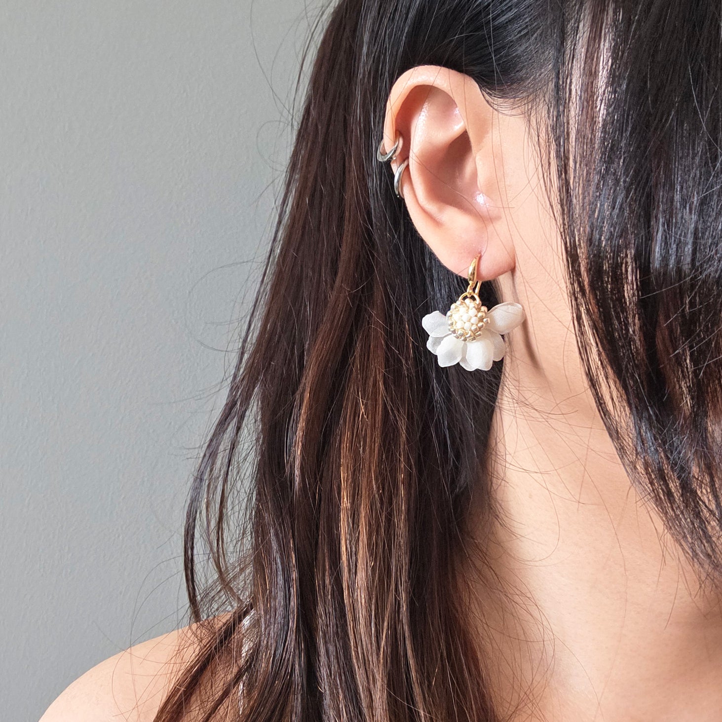 Wedding Flower Earrings Ethereal Drop in White Model