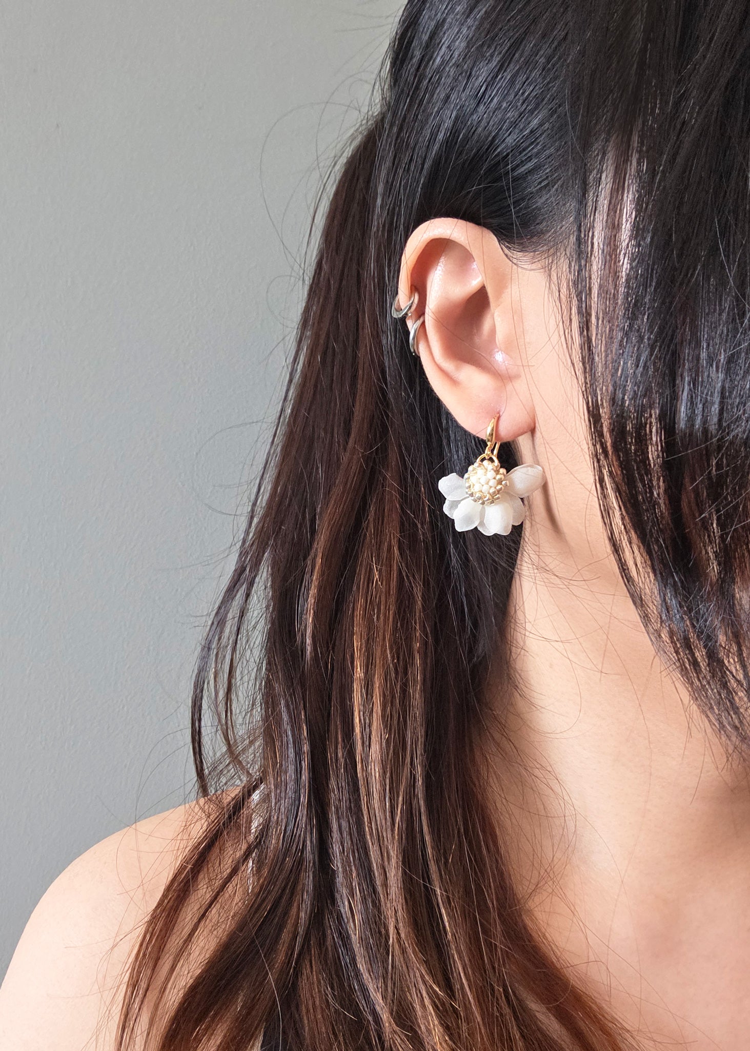 Wedding Flower Earrings Ethereal Drop in White Model