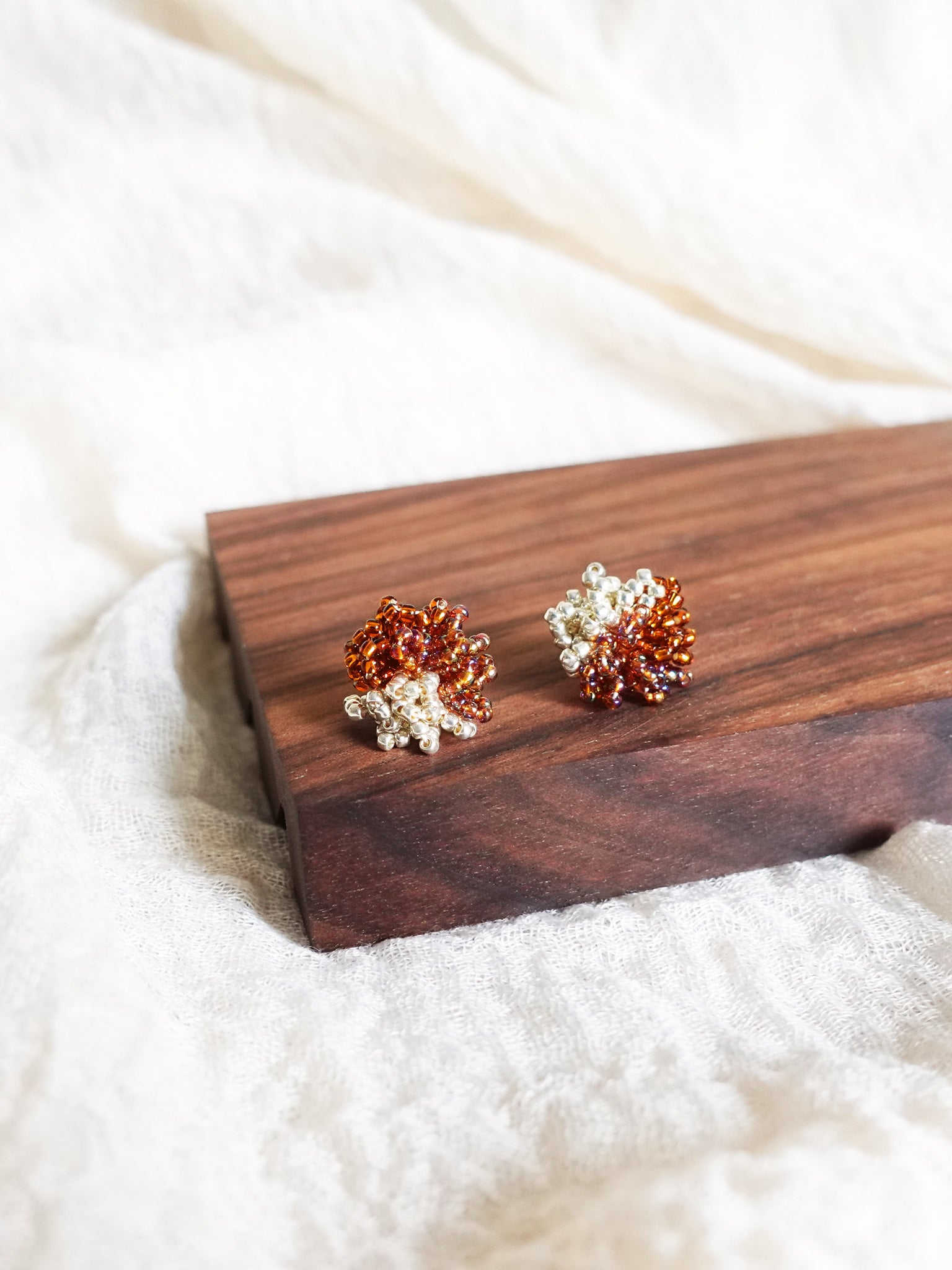 Fluffy Trio Earrings in Brown Display Front